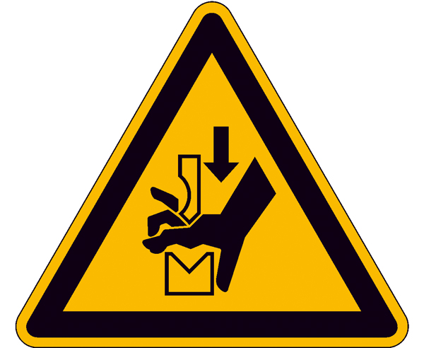 Warnung vor Quetschgefahr der Hand zwischen den Werkzeugen einer Presse