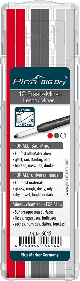 Minen-Set für Zimmermanns-Bleistift BIG Dry FORALL Bau Graphit, weiß, rot Pica